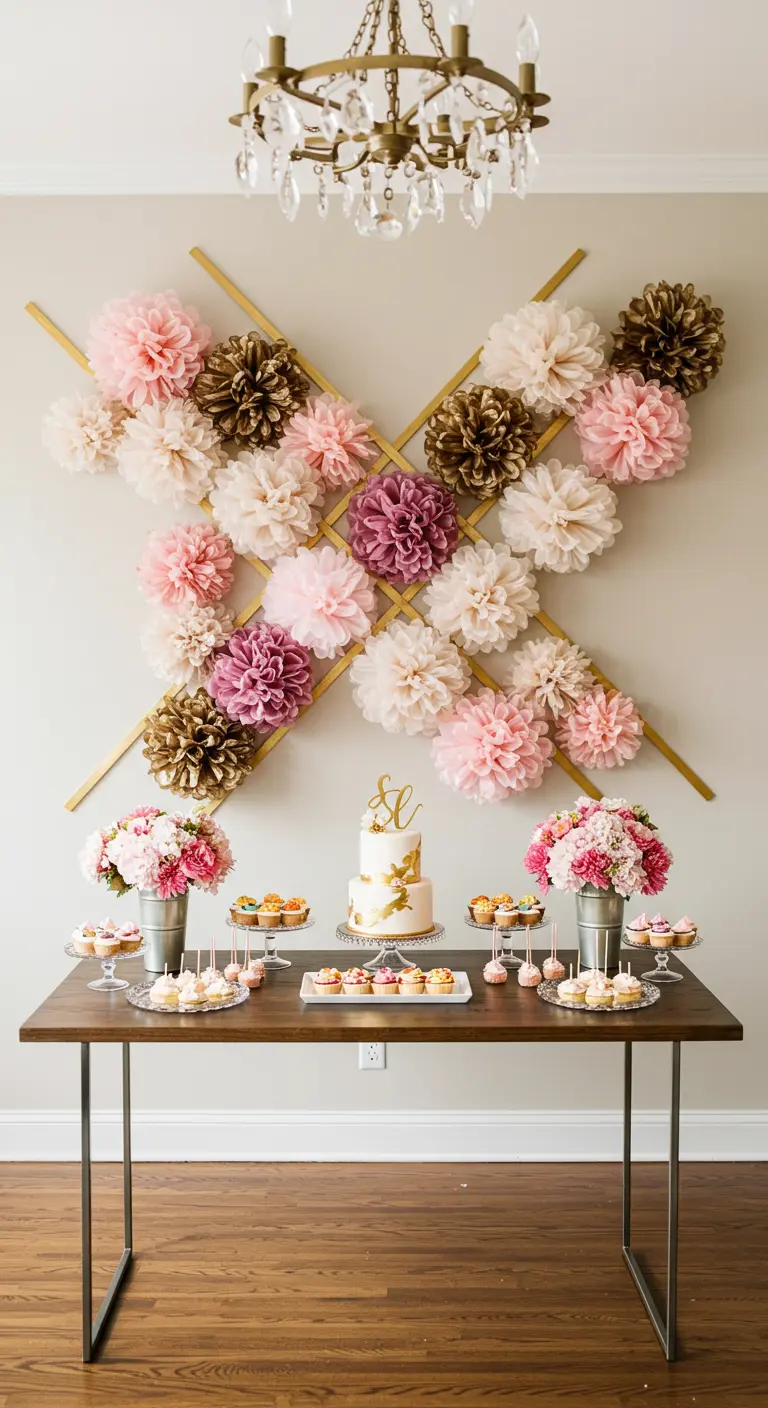 Pom-poms in pink and gold arranged on a golden 'X' frame behind a dessert table.