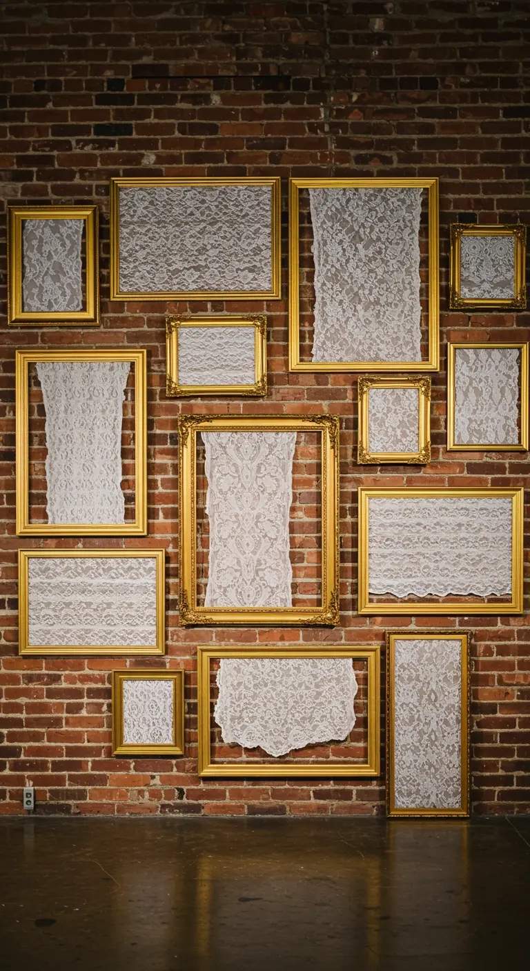 A gallery wall of empty gold frames with pieces of lace stretched across them against a brick wall.