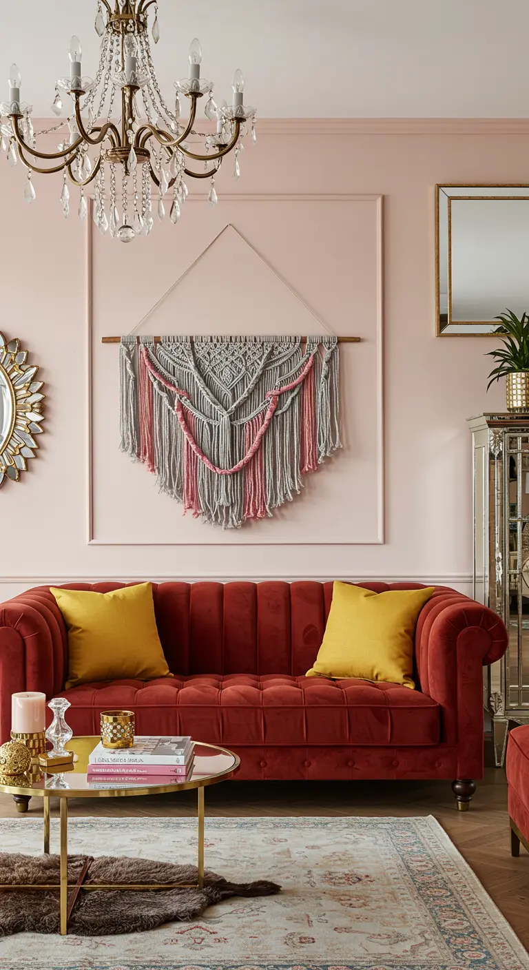 Elegant room with pink walls, a red velvet sofa, and a macramé hanging framed by wall molding.