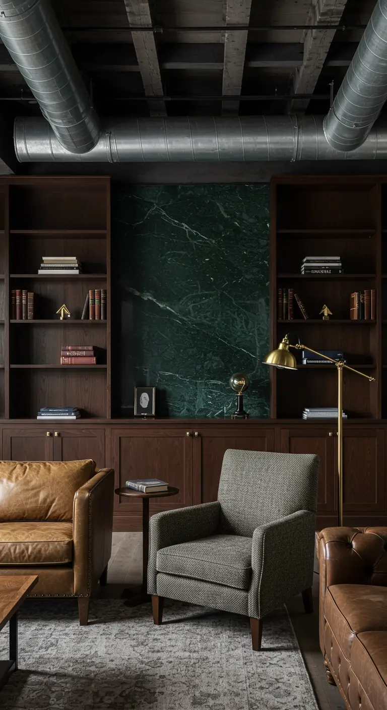 A dark green marble panel framed by dark wood built-in bookshelves in a library-style living room.