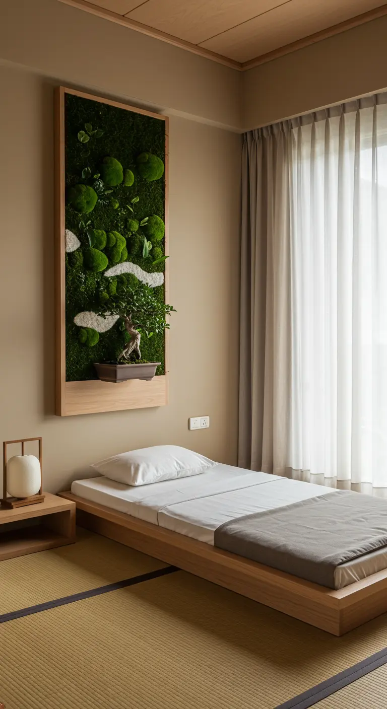 A minimalist bedroom with a framed vertical moss and bonsai art piece above the bed.