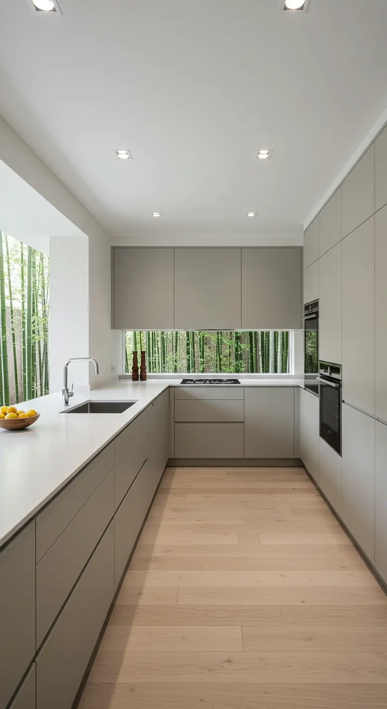 Minimalist kitchen with a long window backsplash looking out onto a bamboo forest.