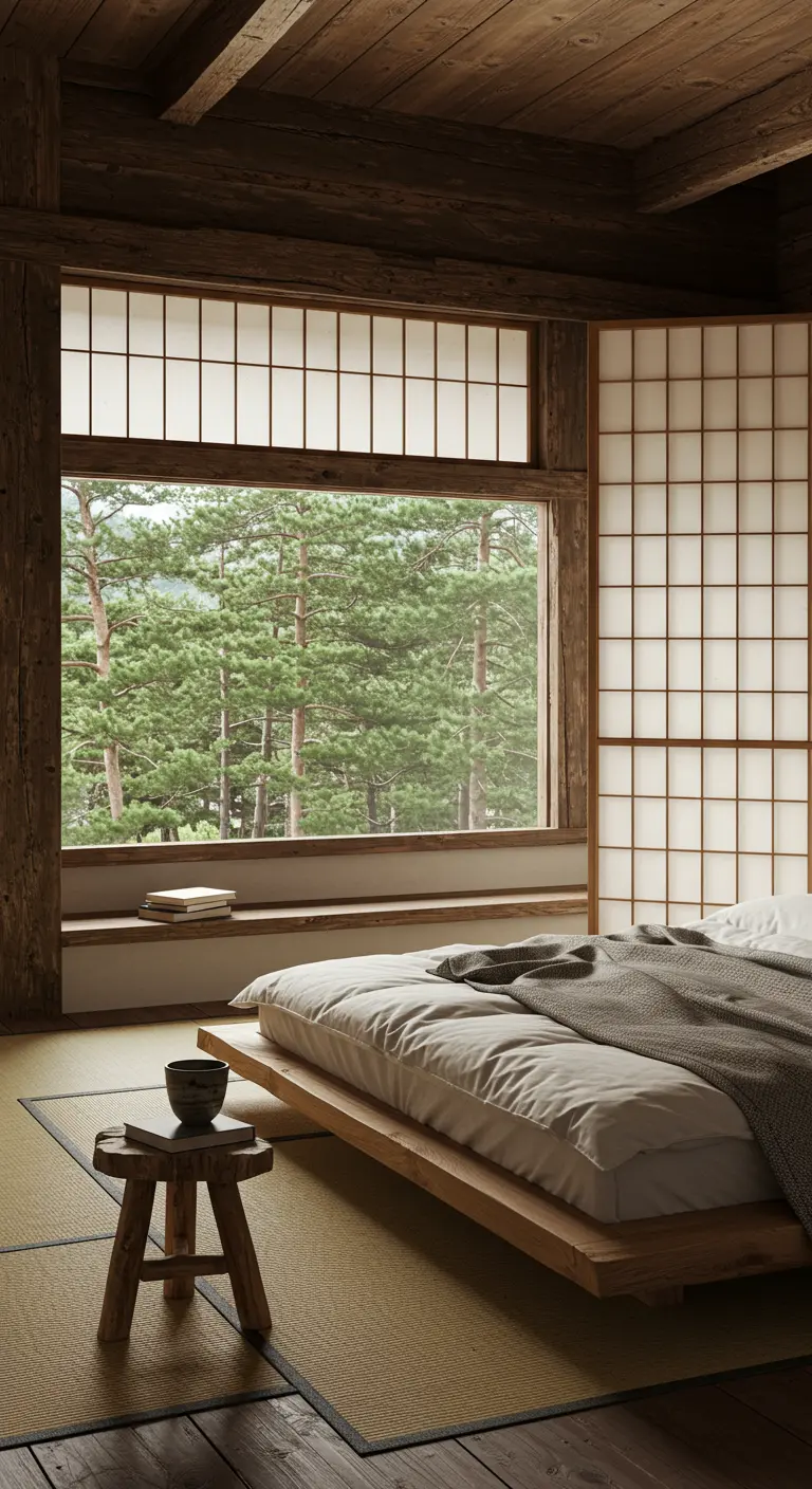 Rustic bedroom with a large window looking out onto a pine forest, with a low bed in the foreground.