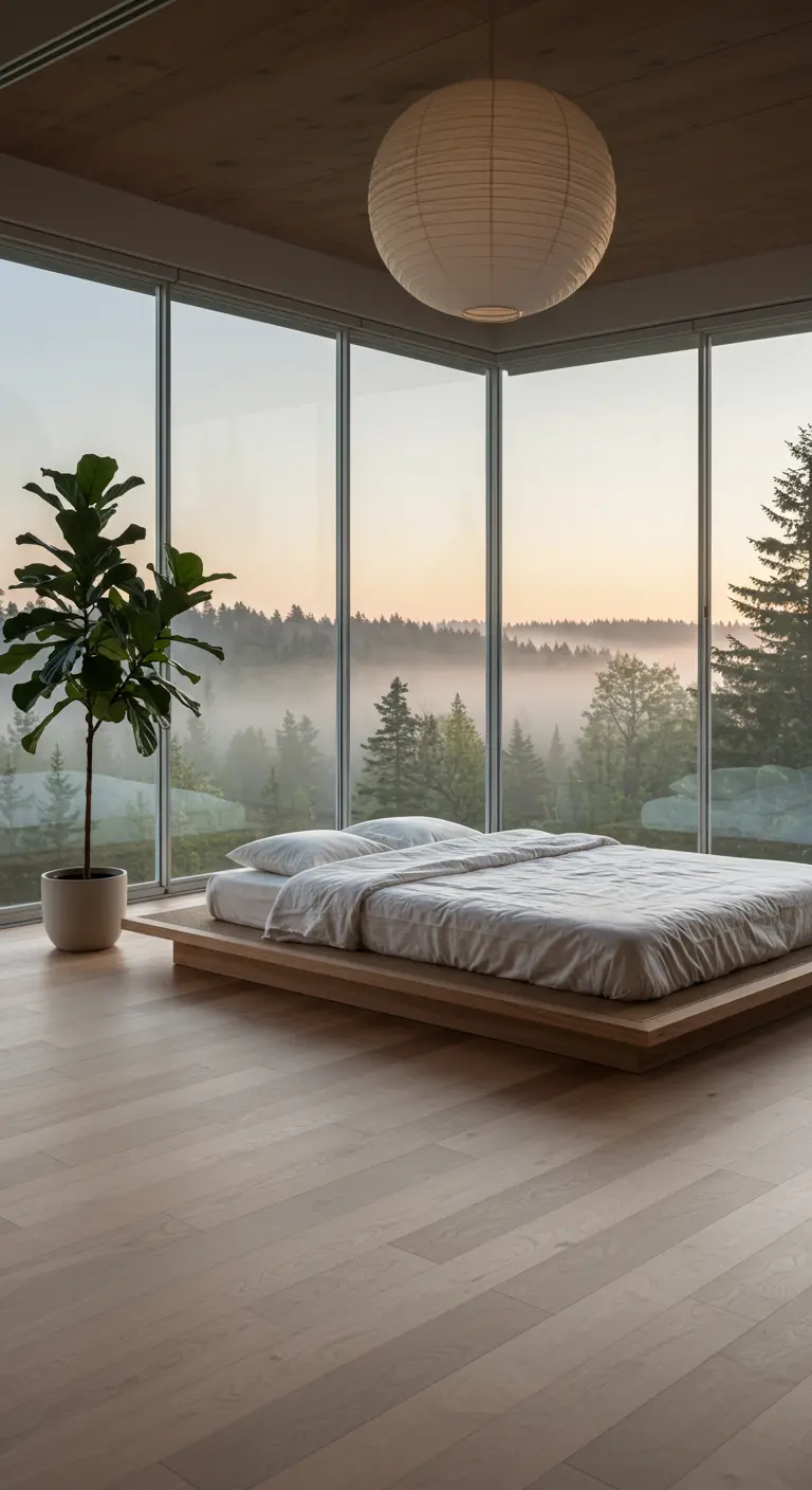 Minimalist platform bed in a room with glass walls overlooking a misty forest landscape.