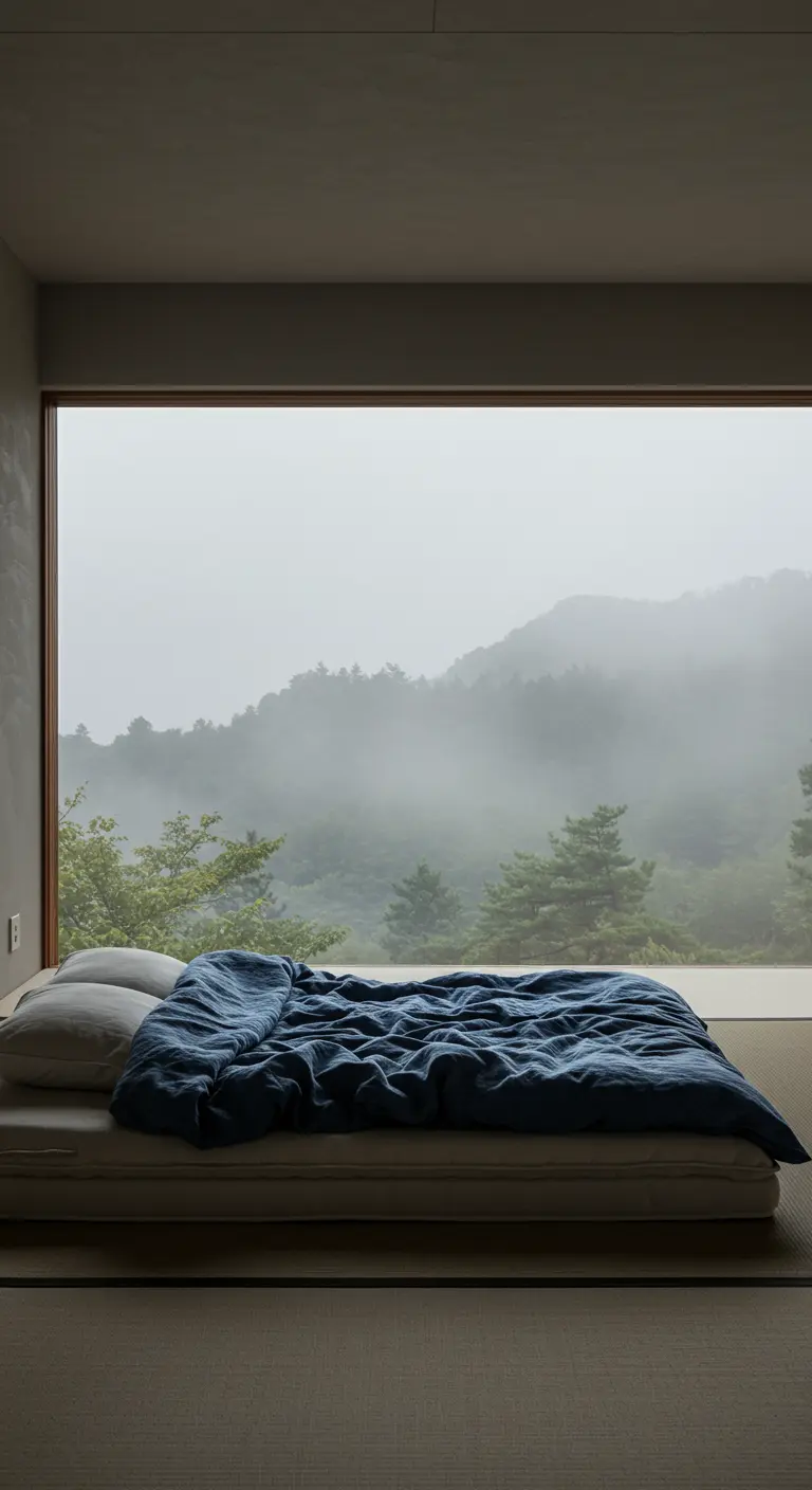 A low bed with blue linens positioned directly in front of a large window with a foggy forest view.