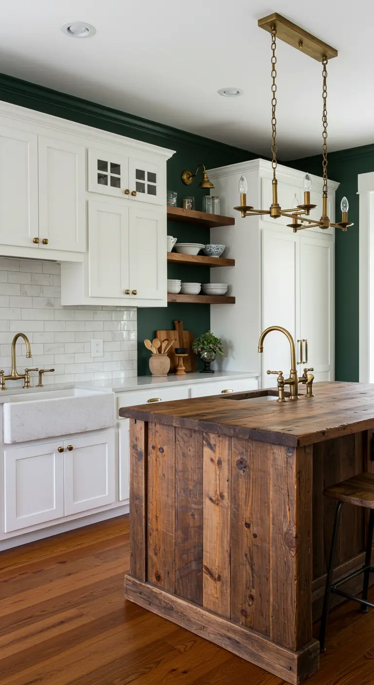 Kitchen with white cabinets, a dark green wall with open shelves, and a wood island.