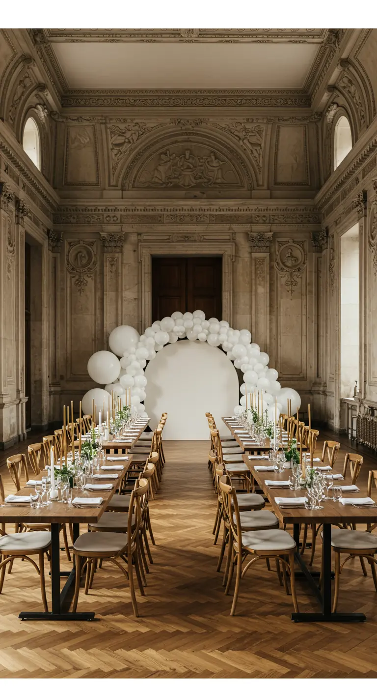 Two long tables leading to a large, circular white balloon arch in a grand, historic hall.