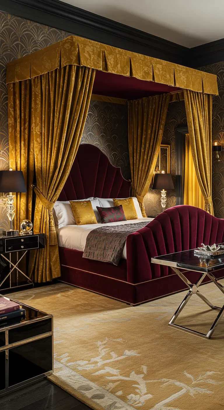 A burgundy and gold bedroom with a fabric canopy framing the tufted headboard.