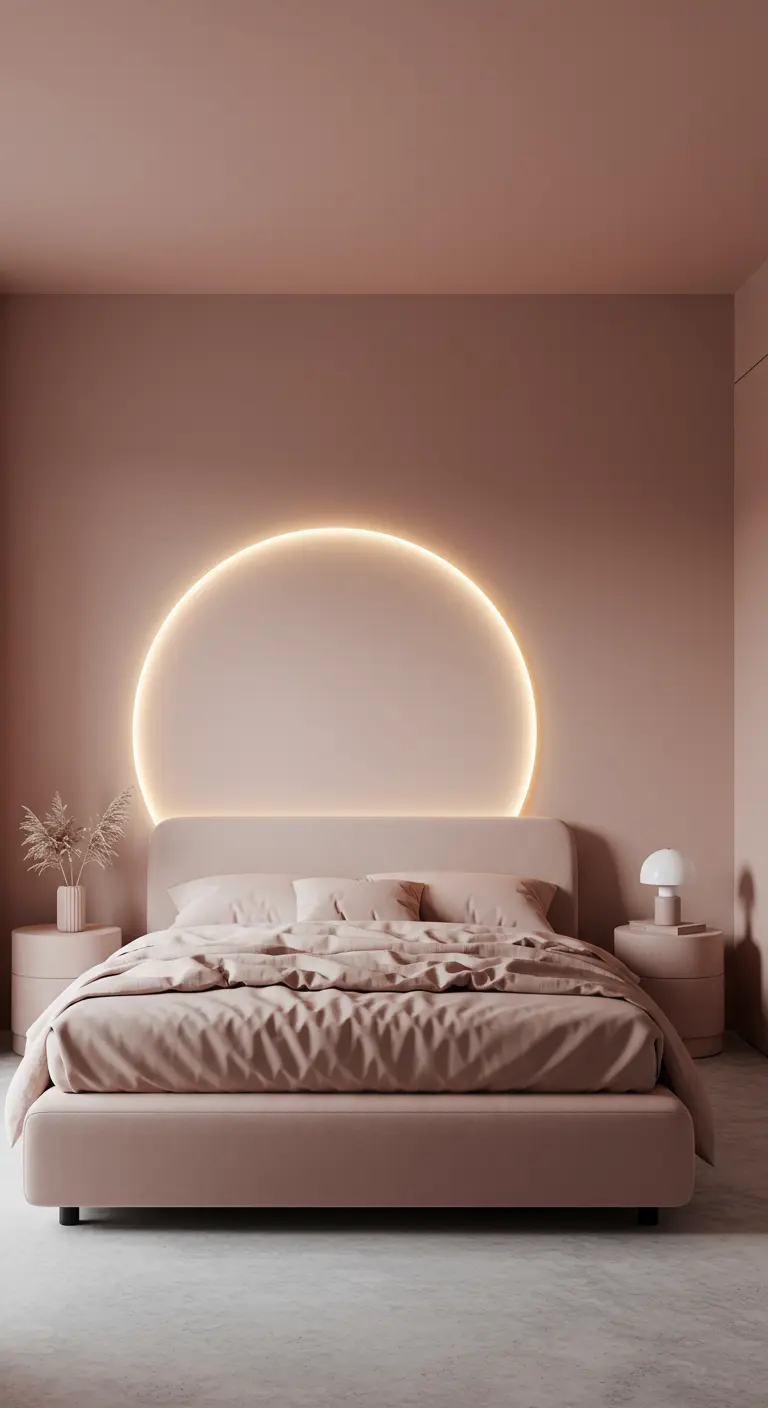 Dusty pink bedroom featuring a large, circular halo light behind the bed.