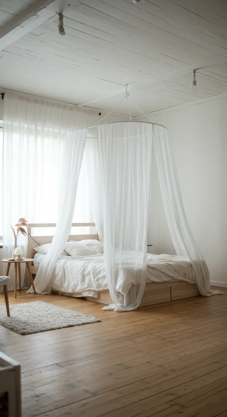 Minimalist bedroom featuring a light wood bed framed by a circular canopy with sheer white curtains.