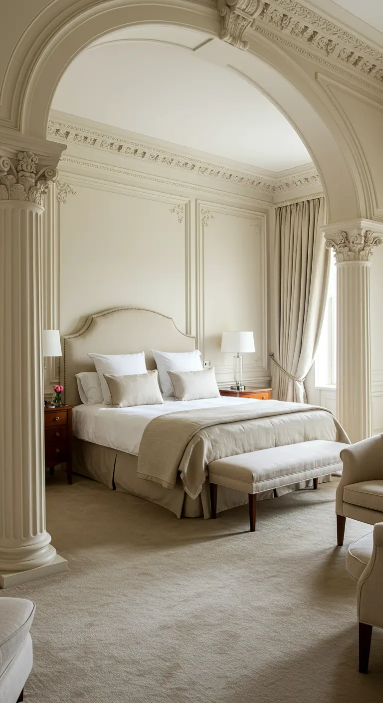 Elegant bedroom with a bed set within a grand architectural archway supported by columns.