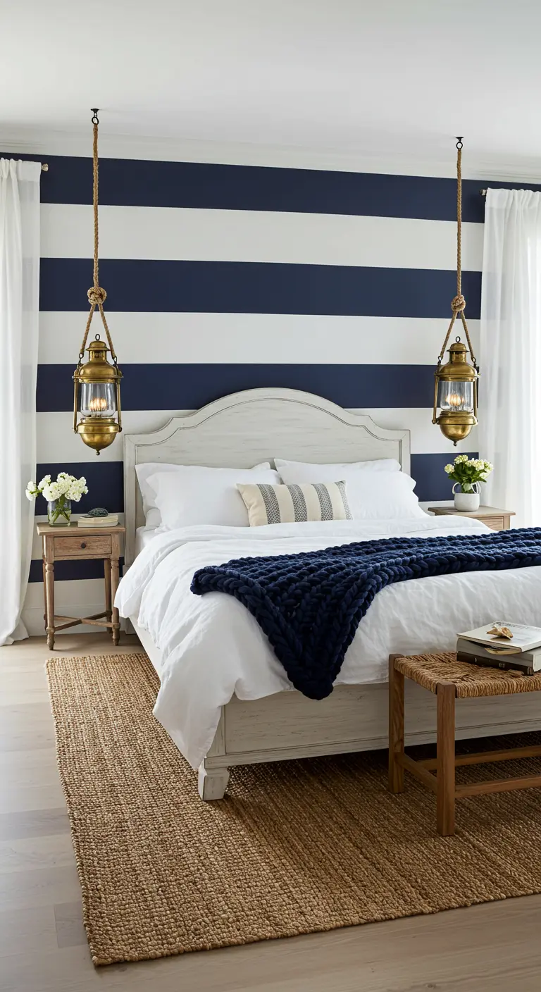 Nautical bedroom with a navy and white striped accent wall and rope-hung brass lanterns.