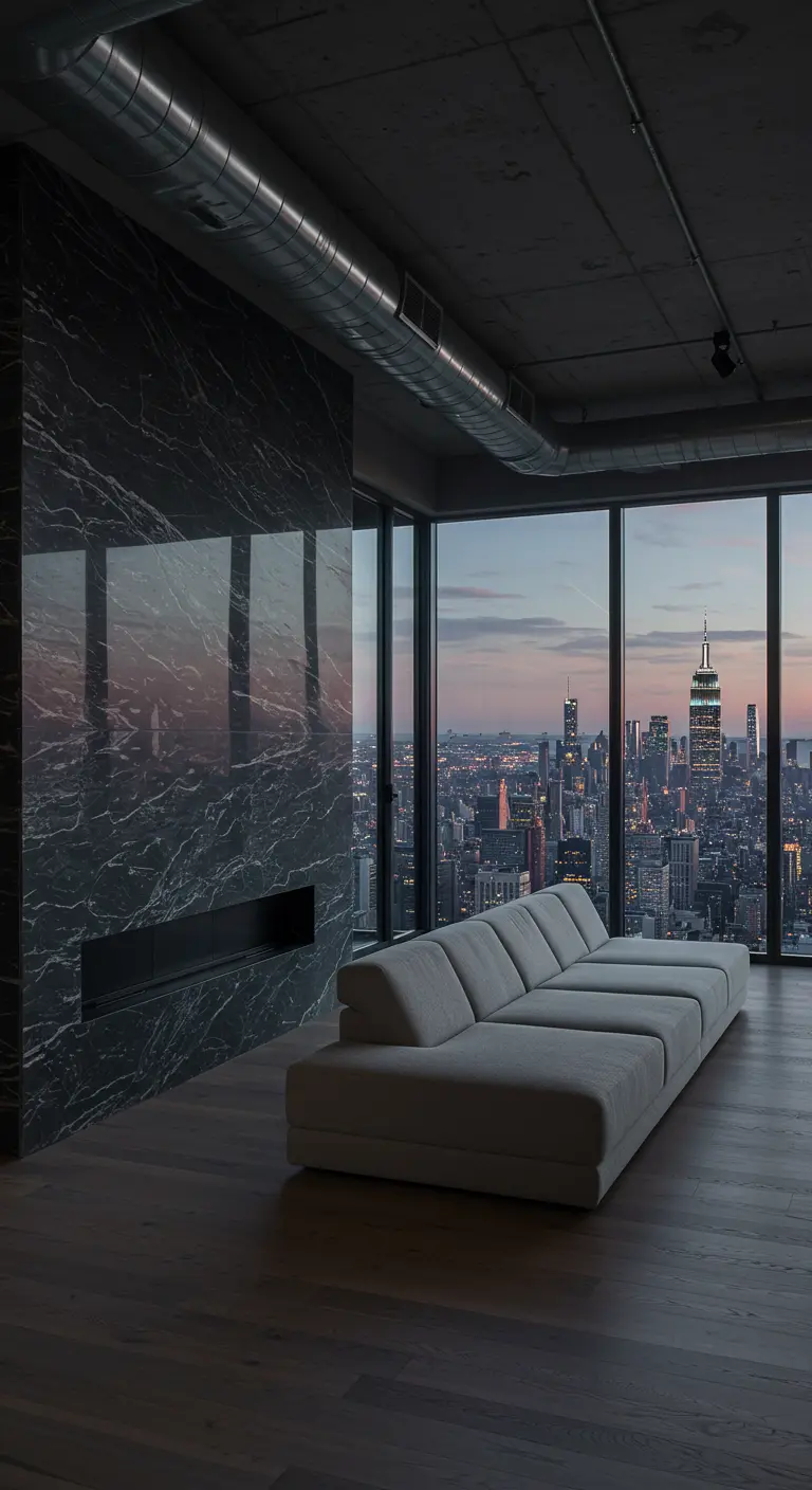 Modern loft with a black marble fireplace wall and large windows overlooking a city skyline at dusk.