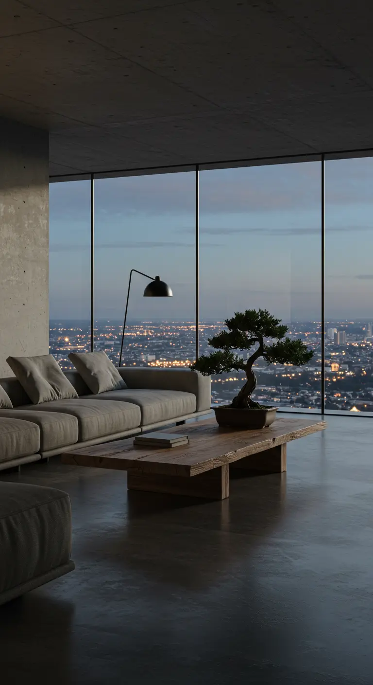 Minimalist living room with a low sectional sofa and a bonsai tree on a rustic wood coffee table.