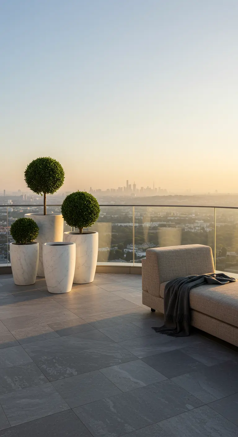 Three topiary bushes in white marble pots on a city rooftop at sunset.