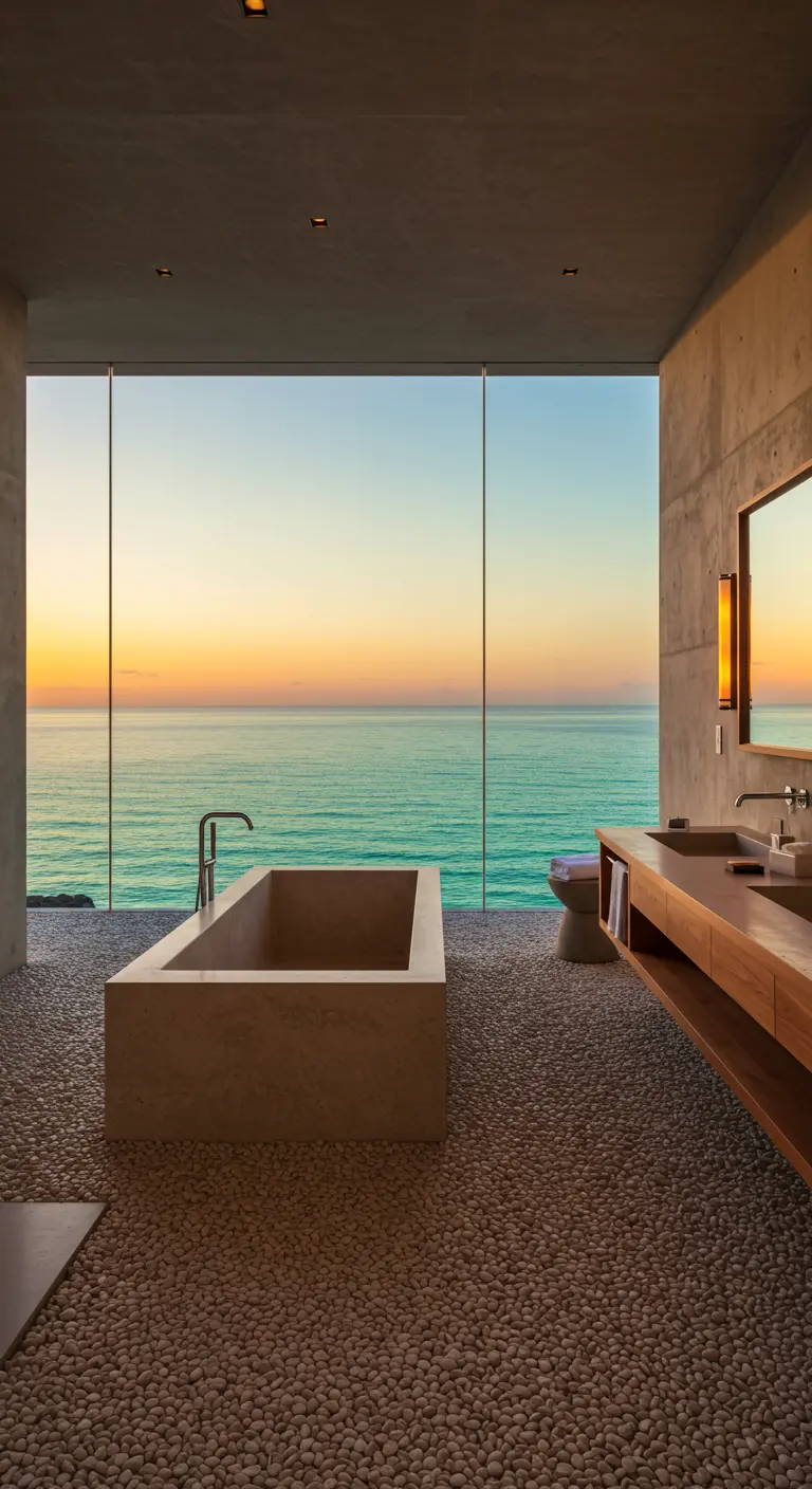 Minimalist bathroom with a stone tub overlooking an ocean sunset through a glass wall.