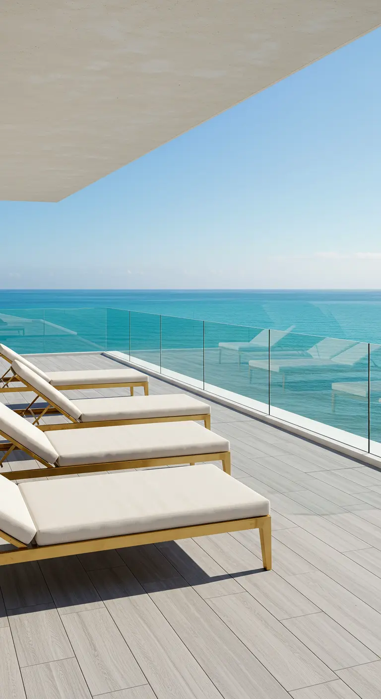 Cream-colored chaises with gold frames on a modern balcony overlooking the ocean.