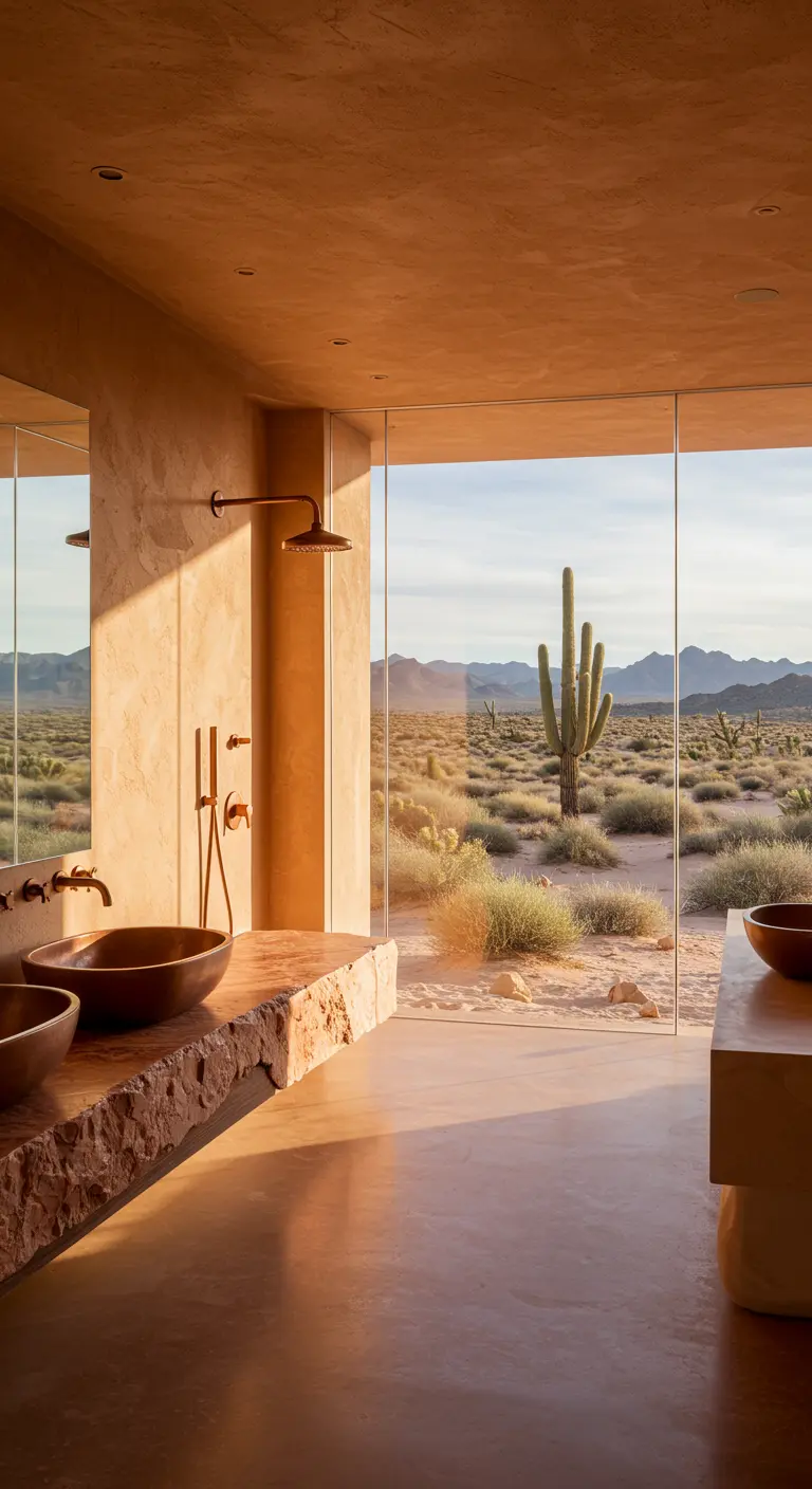 Bathroom with plaster walls and a glass wall overlooking a desert landscape with cacti.