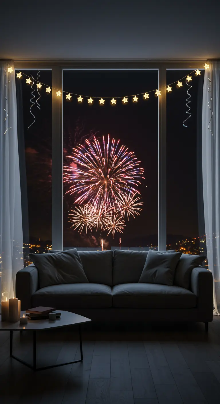 A large window with a view of fireworks, framed by a simple star light garland.