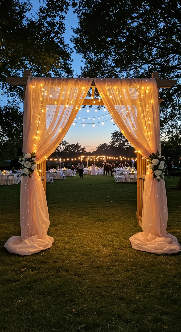 A wooden party arch draped with peach tulle and fairy lights at dusk.