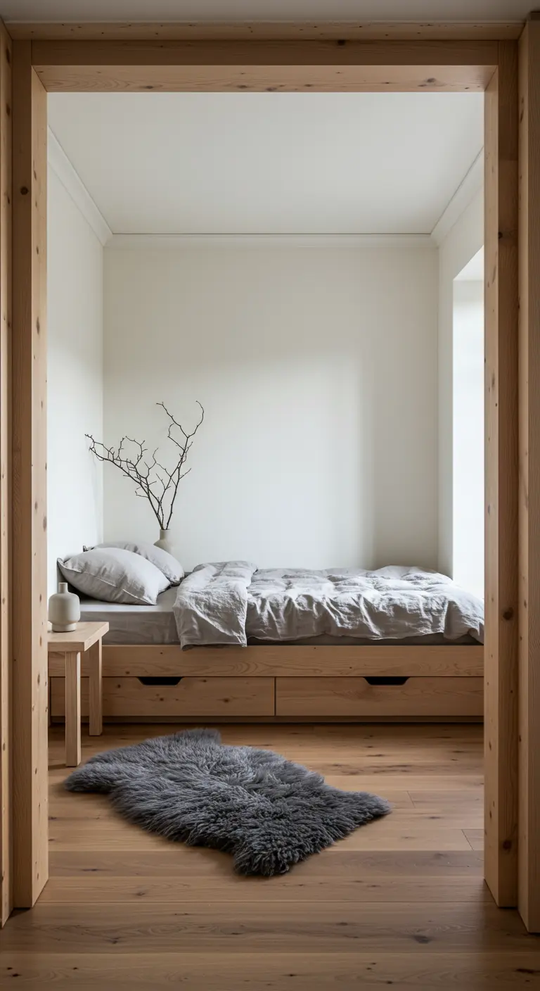 View through a wooden door frame into a serene bedroom nook.