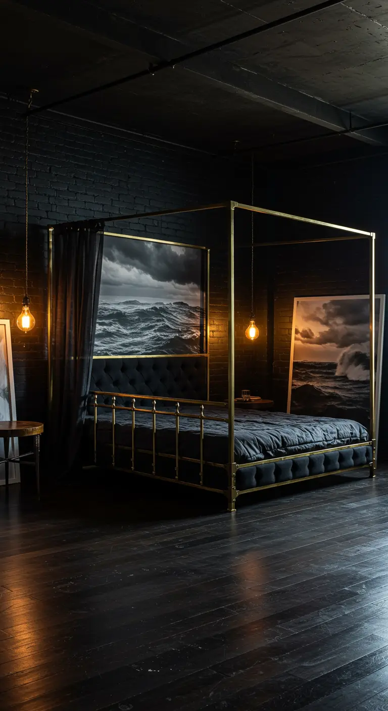 Moody black bedroom with an exposed brick wall and a brass canopy bed.
