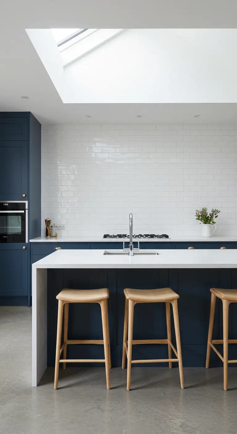 Minimalist navy and white kitchen with a large skylight over the island.