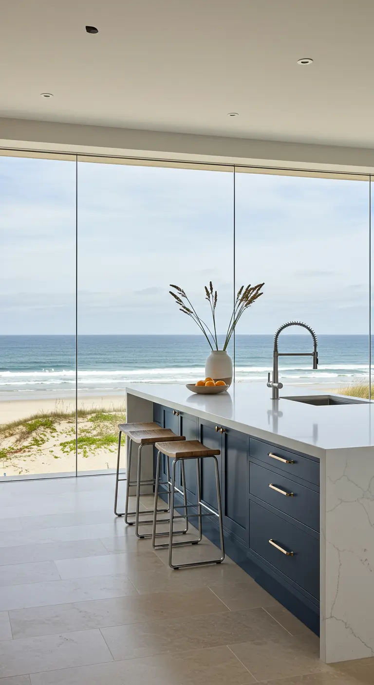 Kitchen with a navy island facing a floor-to-ceiling window with an ocean view.