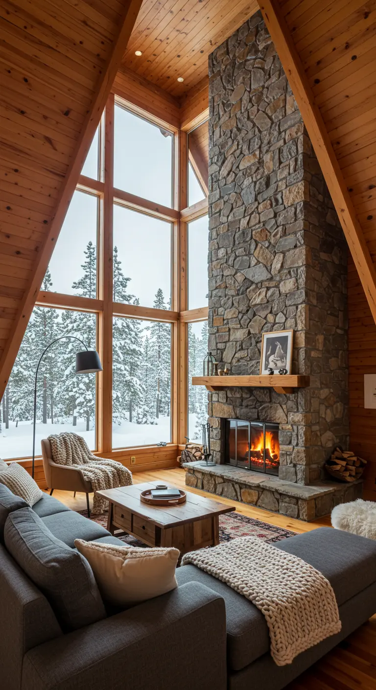 A-frame cabin living room with a floor-to-ceiling stone fireplace and large windows.