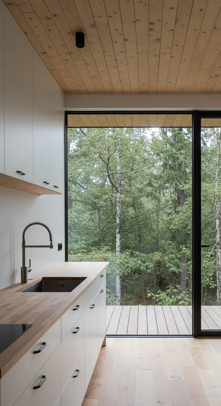 Minimalist kitchen with a large picture window overlooking a dense forest.