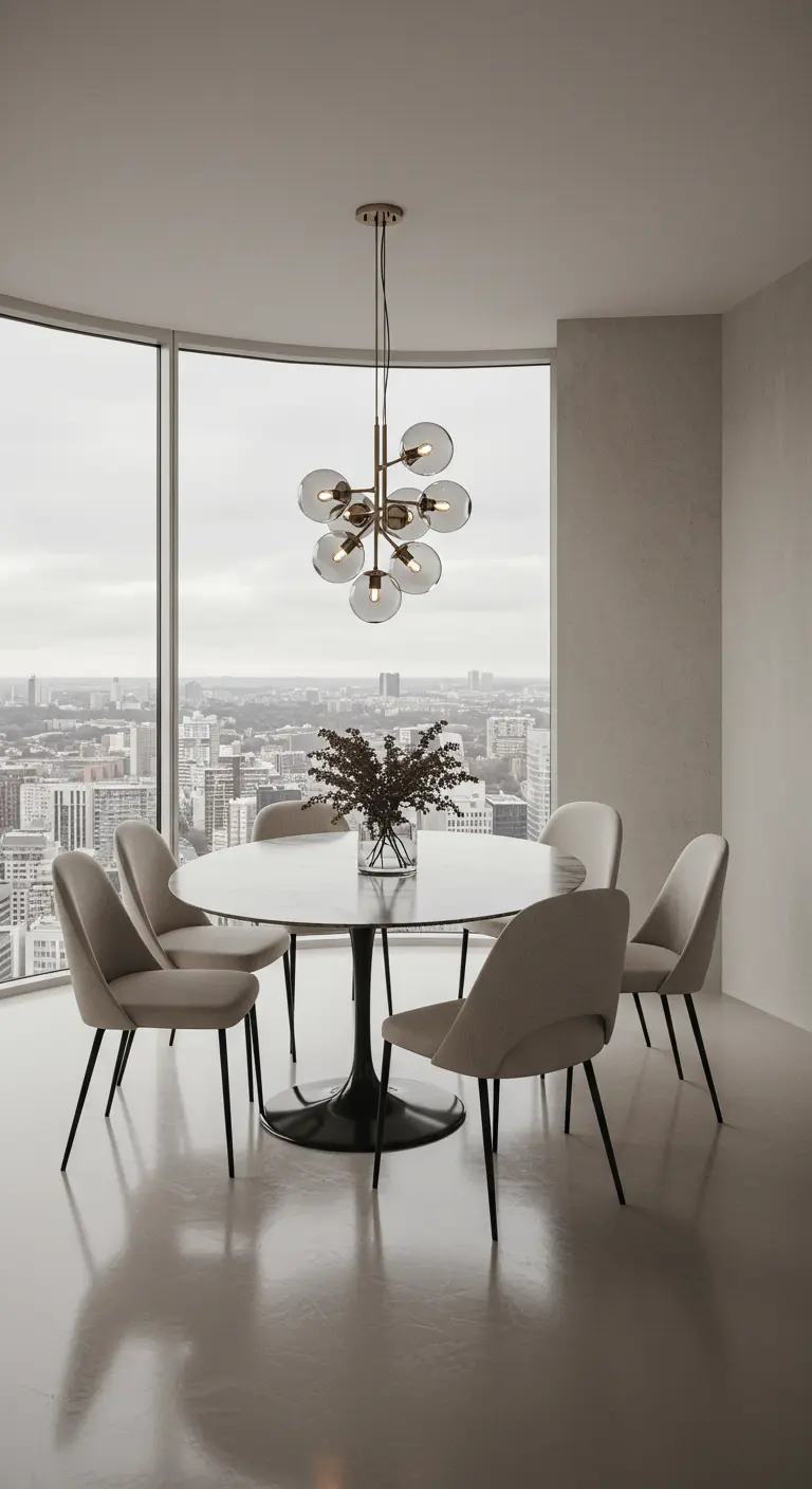 Dining area with a round table and a large window overlooking a city.