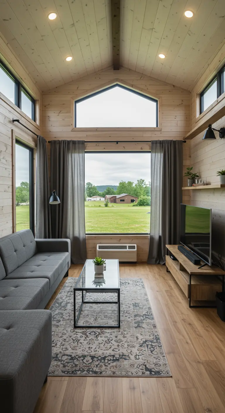 Wood-paneled tiny home living room with a large picture window looking out onto a field.