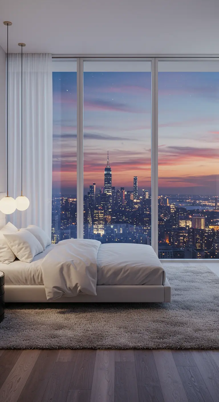 A modern bedroom with floor-to-ceiling windows overlooking a city skyline at sunset.