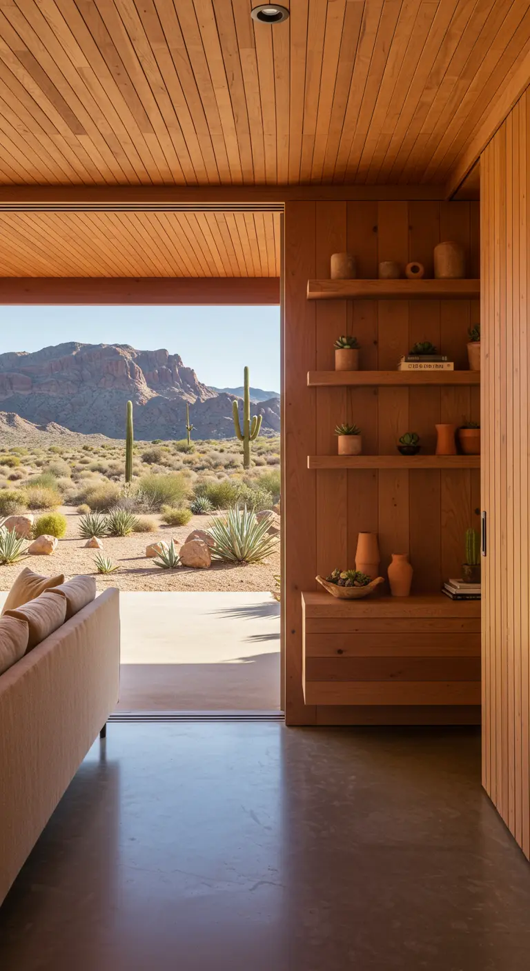 Living room with a large glass wall opening to a desert landscape with cacti and mountains.
