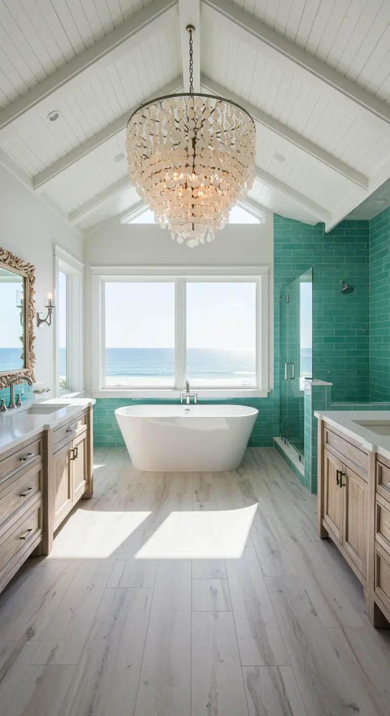 Spacious coastal bathroom with shell chandelier over a freestanding tub.