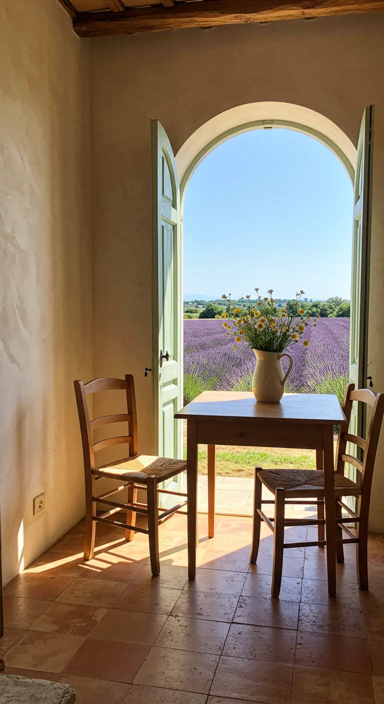 Simple dining set up in front of an arched door viewing lavender fields.