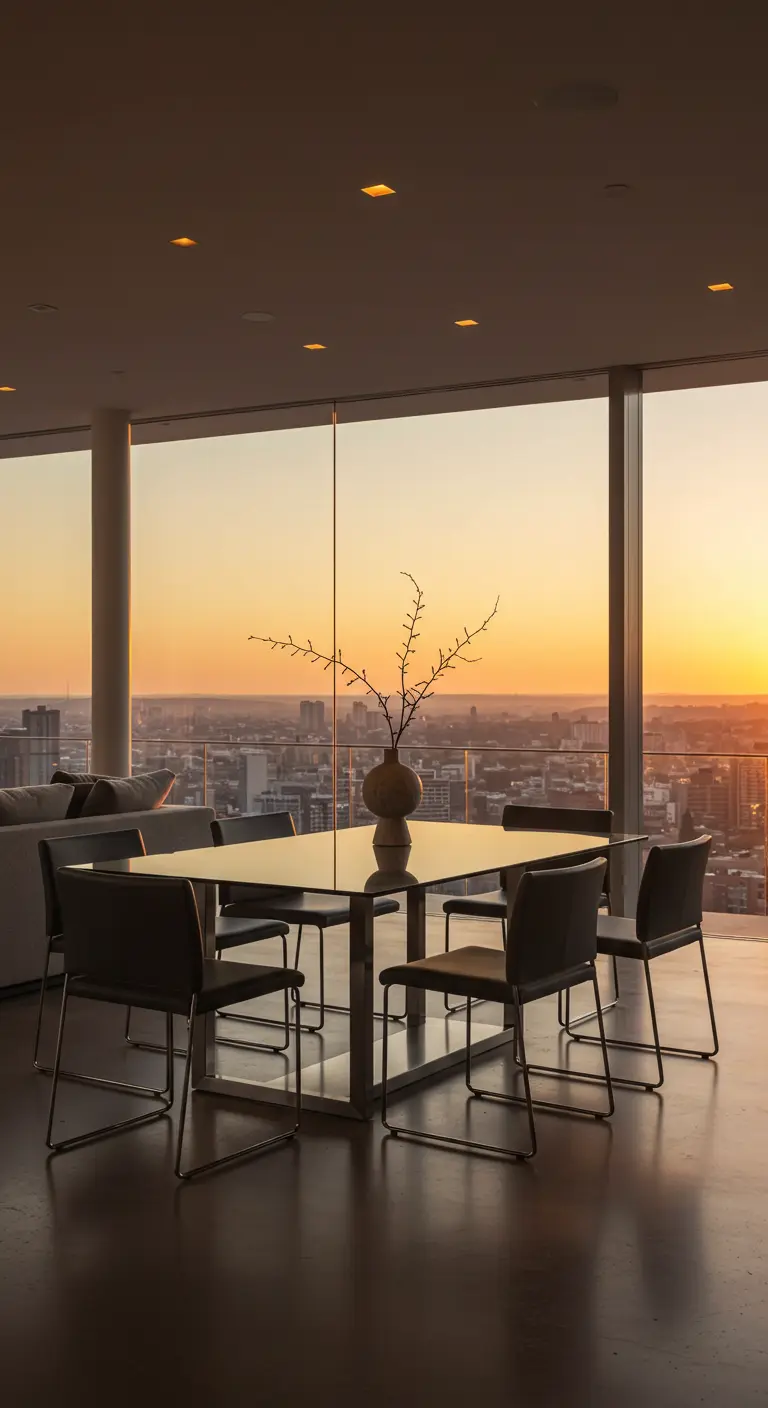 Glass dining table with dark chairs overlooking a city at sunset.