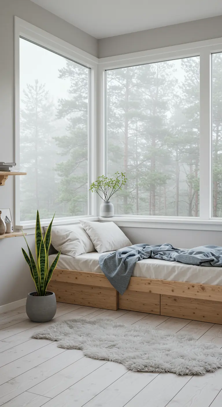 Corner bed nook with large windows overlooking a misty forest.