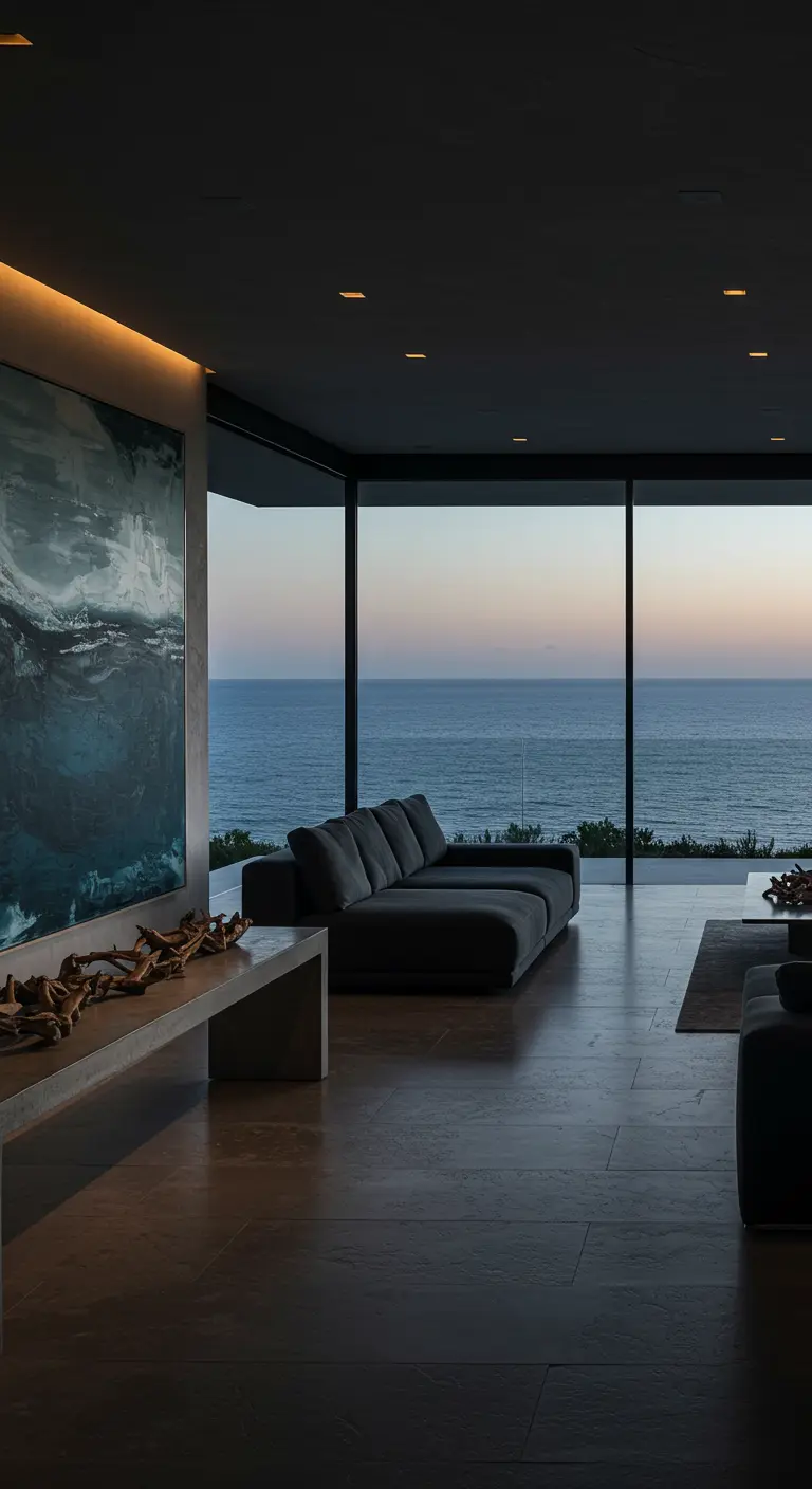 Dark living room with a large window overlooking the ocean at sunset and driftwood on a console.