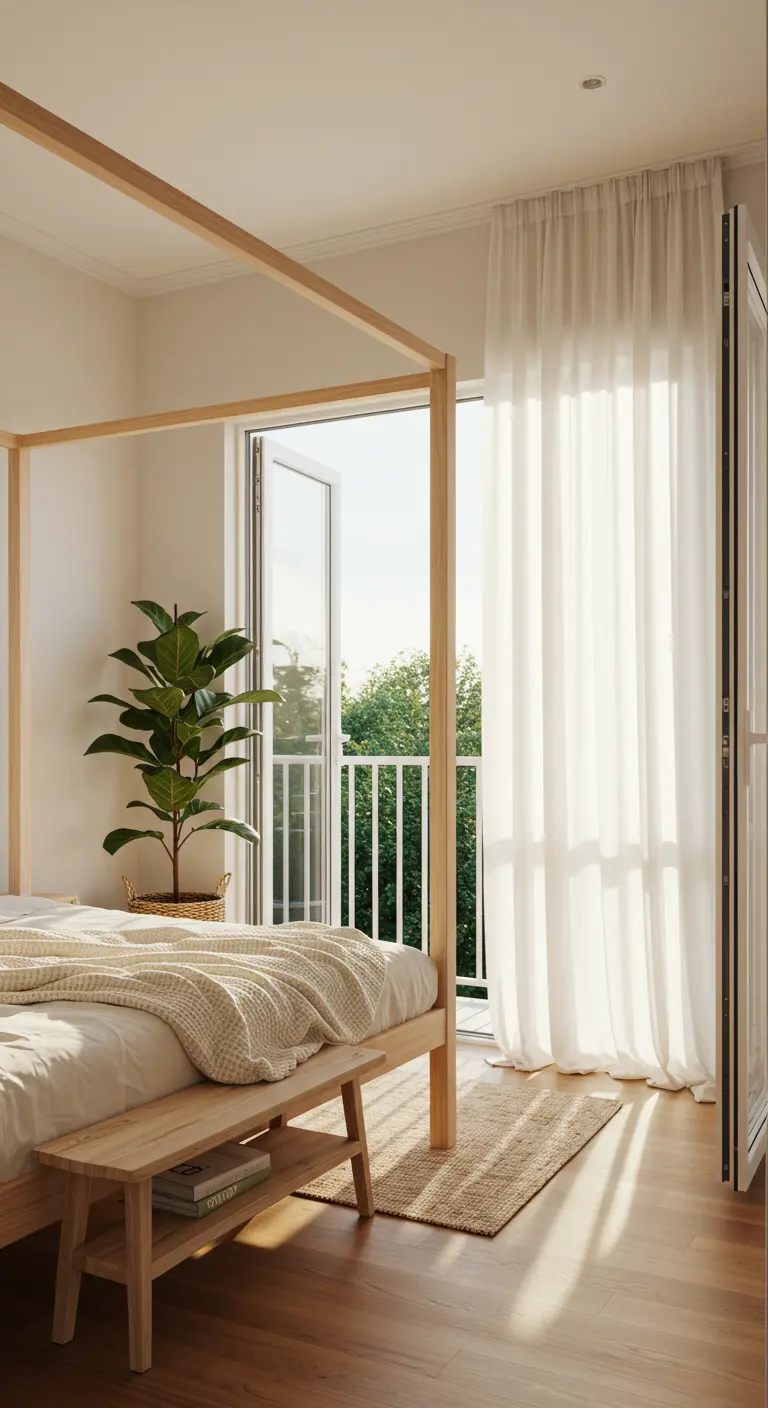 Light wood four-poster bed in a bright room with an open door to a green balcony.