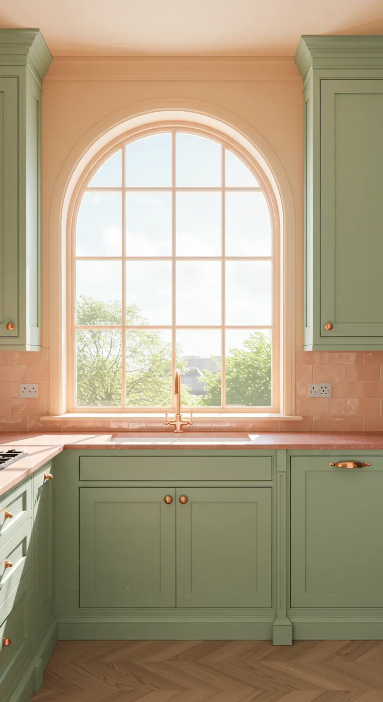 Mint kitchen with a large arched window above the sink, framed by symmetrical cabinets.