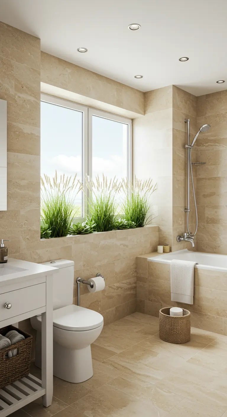 Travertine bathroom with a wide planter box of tall grasses beneath a large window.