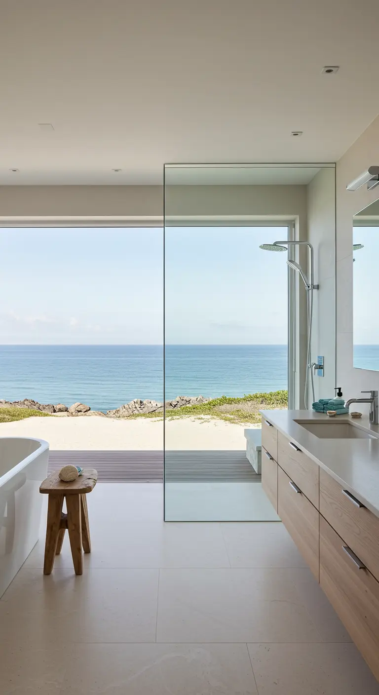 Bathroom with a frameless glass shower and a large window view of the ocean.