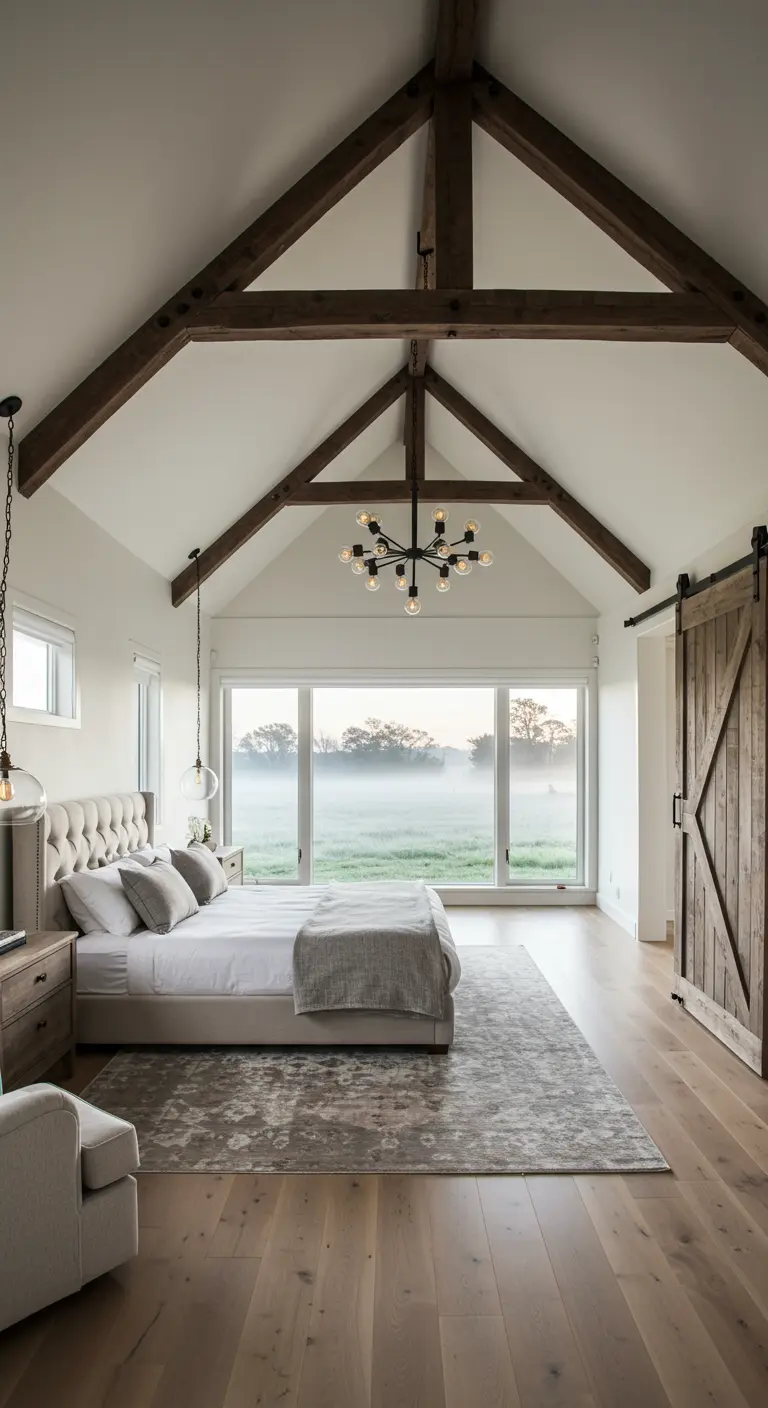 Spacious bedroom with vaulted ceiling, dark wood beams, and a large window overlooking a field.