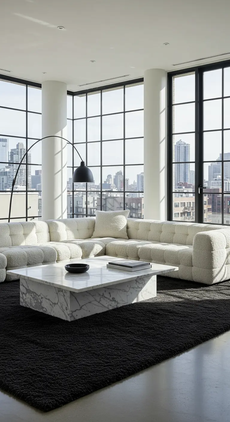 White bouclé sectional, marble table, and black rug in a sunlit loft with grid windows.