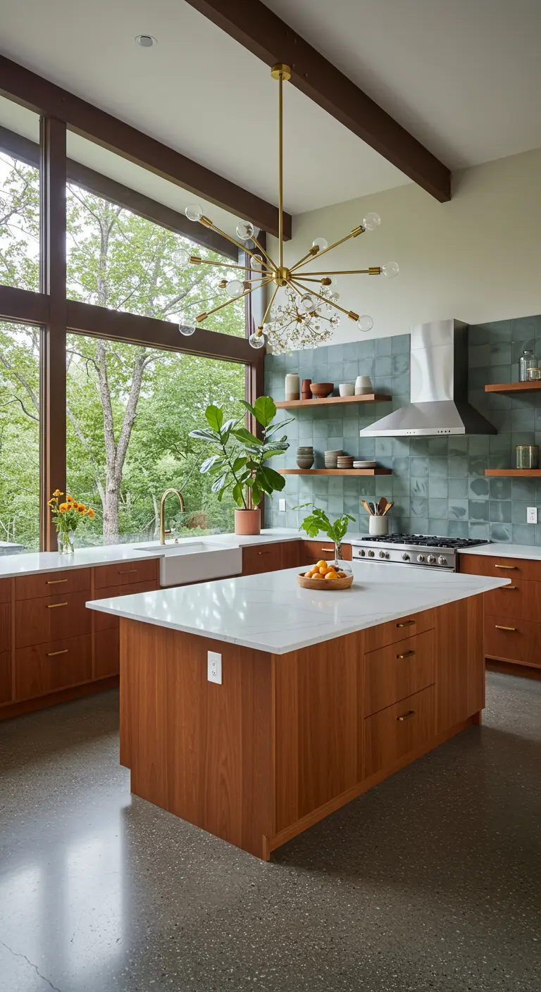 Mid-century kitchen with teak cabinets, a sputnik chandelier, and large windows.