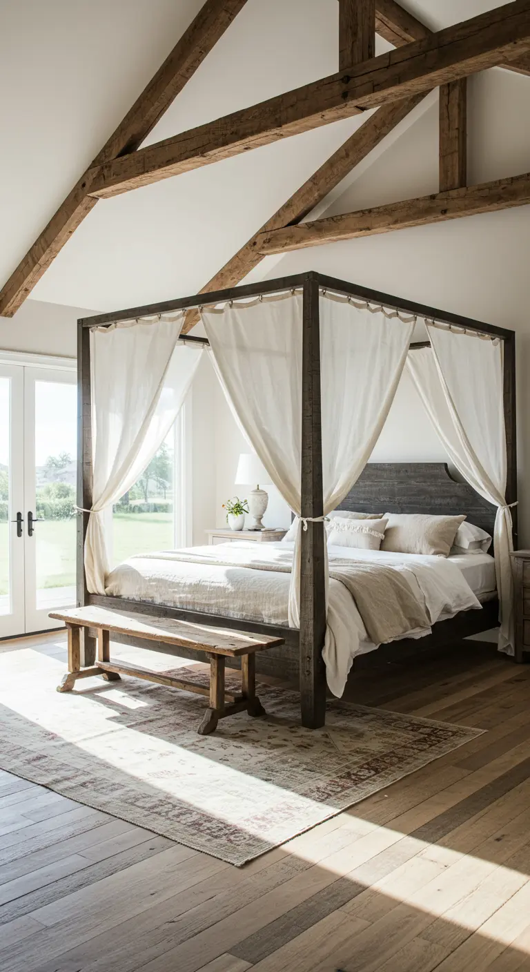 Sunlit bedroom with a dark wood canopy bed, white linen curtains, and exposed ceiling beams.