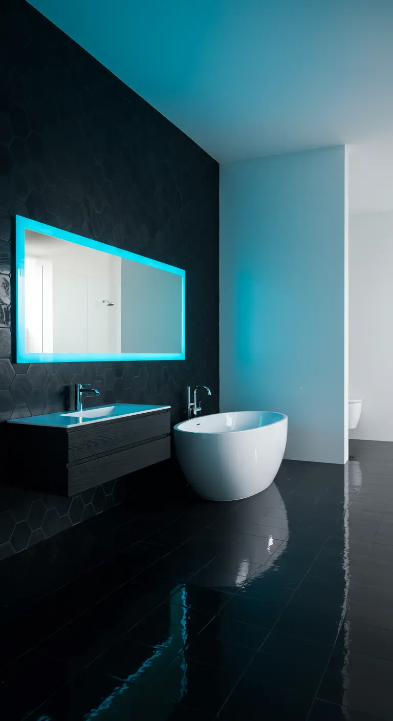 Minimalist bathroom with a matte black hexagon tile wall and a mirror backlit with cyan light.