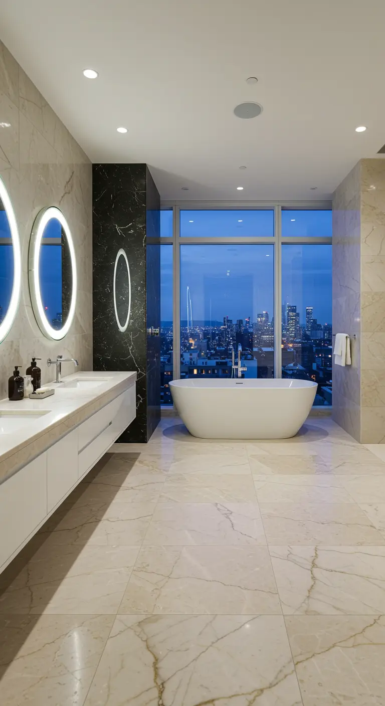 Luxe bathroom with cream marble, a black marble accent wall, and a bathtub by a large window.