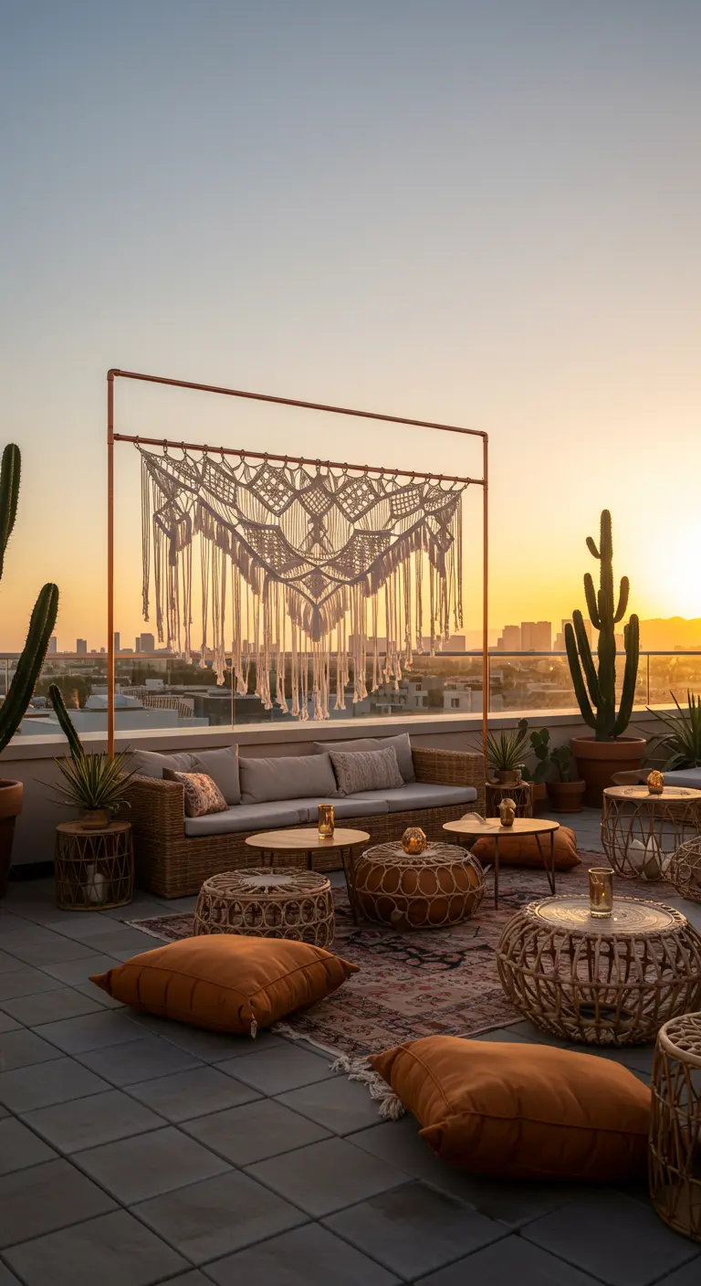 A macrame hanging in a copper frame on a rooftop lounge at sunset.